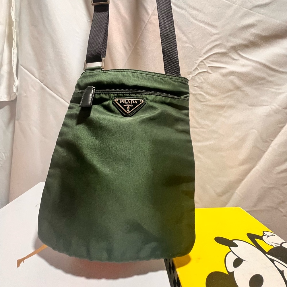 PRADA Tessuto Tote green bag for him or her Fits a XL phone no problem.